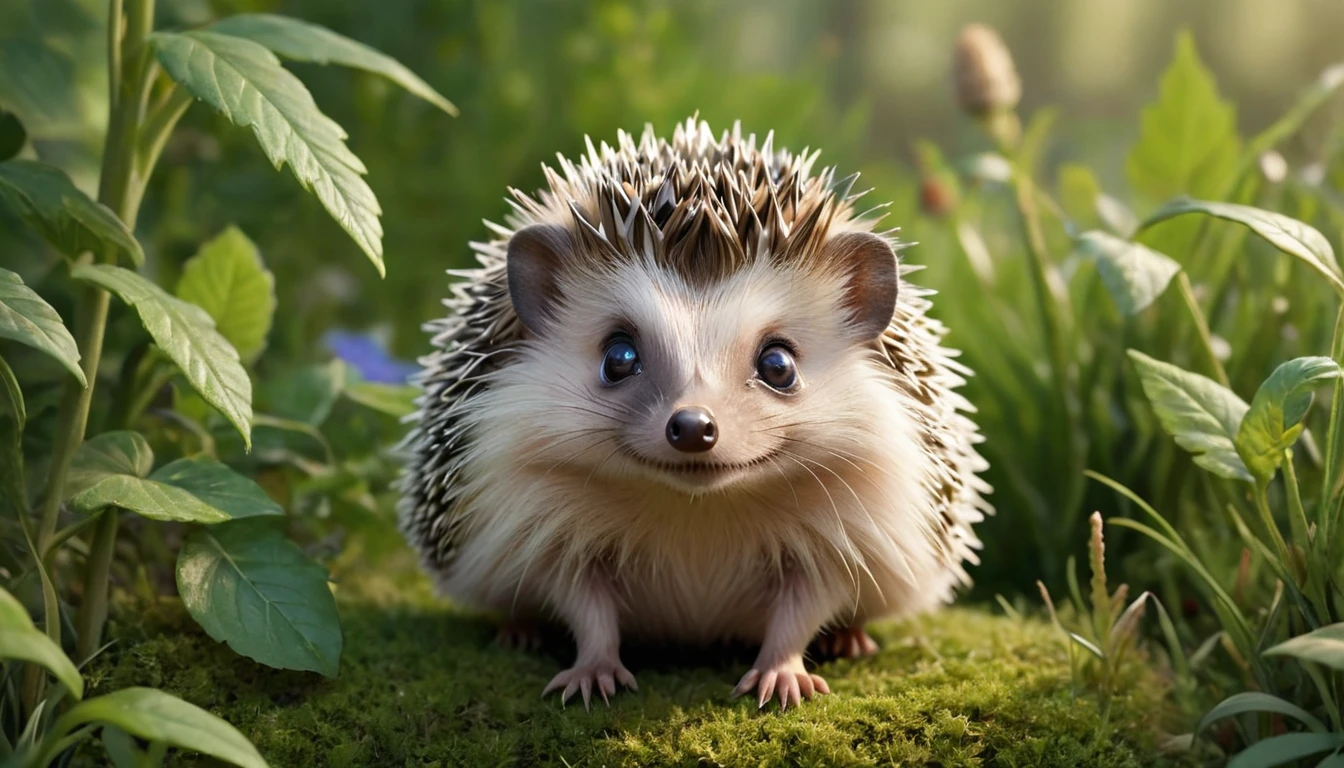 Visualize a lifelike drawing of a tiny hedgehog, its features humorously exaggerated with especially large, bright eyes and an inquisitive, smiling expression. The hedgehog's spines are finely detailed, capturing the natural texture, while its tiny paws are slightly oversized, adding to the cuteness. The setting is a simple garden background, with a focus on natural colors and a few green plants, creating a realistic yet adorable scene.