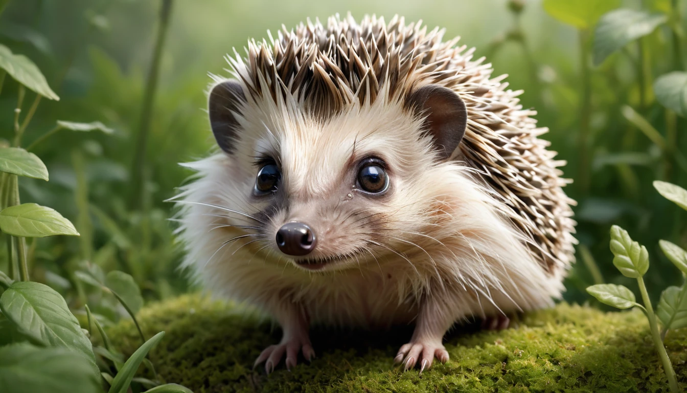 Visualize a lifelike drawing of a tiny hedgehog, its features humorously exaggerated with especially large, bright eyes and an inquisitive, smiling expression. The hedgehog's spines are finely detailed, capturing the natural texture, while its tiny paws are slightly oversized, adding to the cuteness. The setting is a simple garden background, with a focus on natural colors and a few green plants, creating a realistic yet adorable scene.