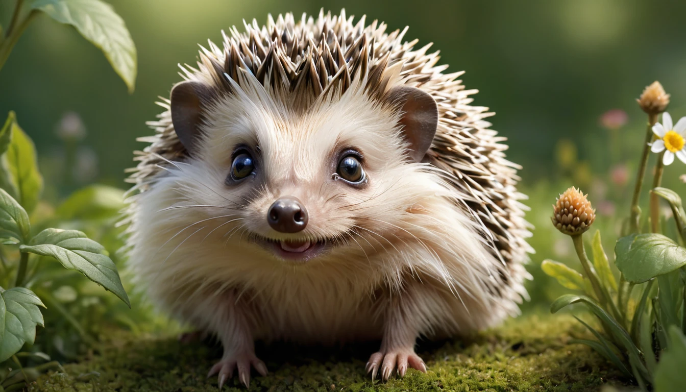 Visualize a lifelike drawing of a tiny hedgehog, its features humorously exaggerated with especially large, bright eyes and an inquisitive, smiling expression. The hedgehog's spines are finely detailed, capturing the natural texture, while its tiny paws are slightly oversized, adding to the cuteness. The setting is a simple garden background, with a focus on natural colors and a few green plants, creating a realistic yet adorable scene.