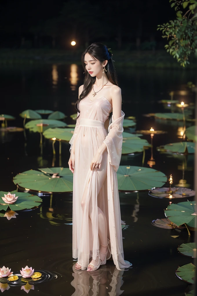 (((best quality))),(((ultra detailed))),(((masterpiece))),illustration,((1 beautiful young girl,solo)),((slim,thin)),(shoulder length straight hair:1.2),((earrings,necklace)),((small breasts,flat chest)),(see through traditional pink sheer Hanfu dress:1.3),((slender legs,loafers)),(beside the lotus pond full of lotus flowers:1.3), serene moonlight, ethereal,floral pattern, water movement, billowing fabric, tranquil,petals, fireflies, magical warm light, dreams, invitation, (standing:1.3),(arms behind back:1.2),gazing, reflection, inner thoughts, emotional, sweet scent, natural beauty, solitude, hypnotic lull, eternal summer,(night scene:1.3), natural world, human spirit, celebration, backdrop, water, glow,(from front:1.3),(full body:1.2)