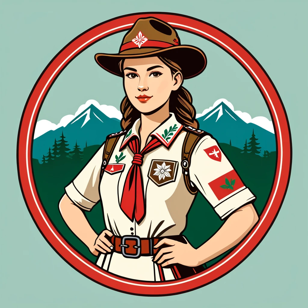 female scout in hungarian folk outfit, vector graphics, strong contours, logo design
