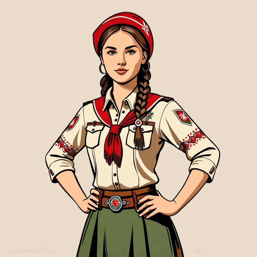 female scout in hungarian folk outfit, vector graphics, strong contours, logo design
