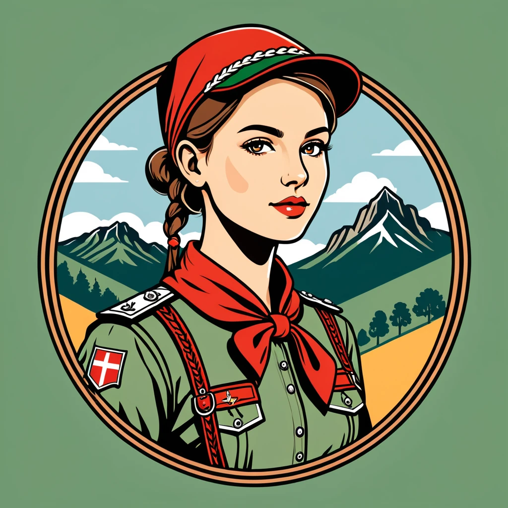 female scout in hungarian folk outfit, vector graphics, strong contours, logo design