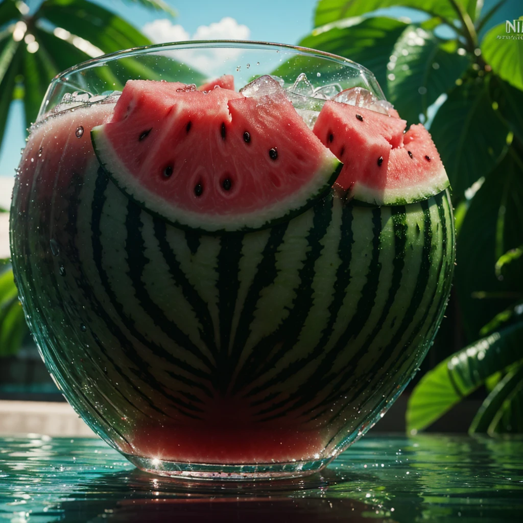 Wallpapers, poster, Drinks, Ice Cubes, Watermelon, Tropical Plants, Hot Weather, HD Detail, Moist Watermark, Ultra Detail, Movie, Hyper Realism, Soft Light, Deep Focus Bokeh, Ray Tracing, Diffuse (Ultrafine Glass Reflection) and surrealism --niji 5