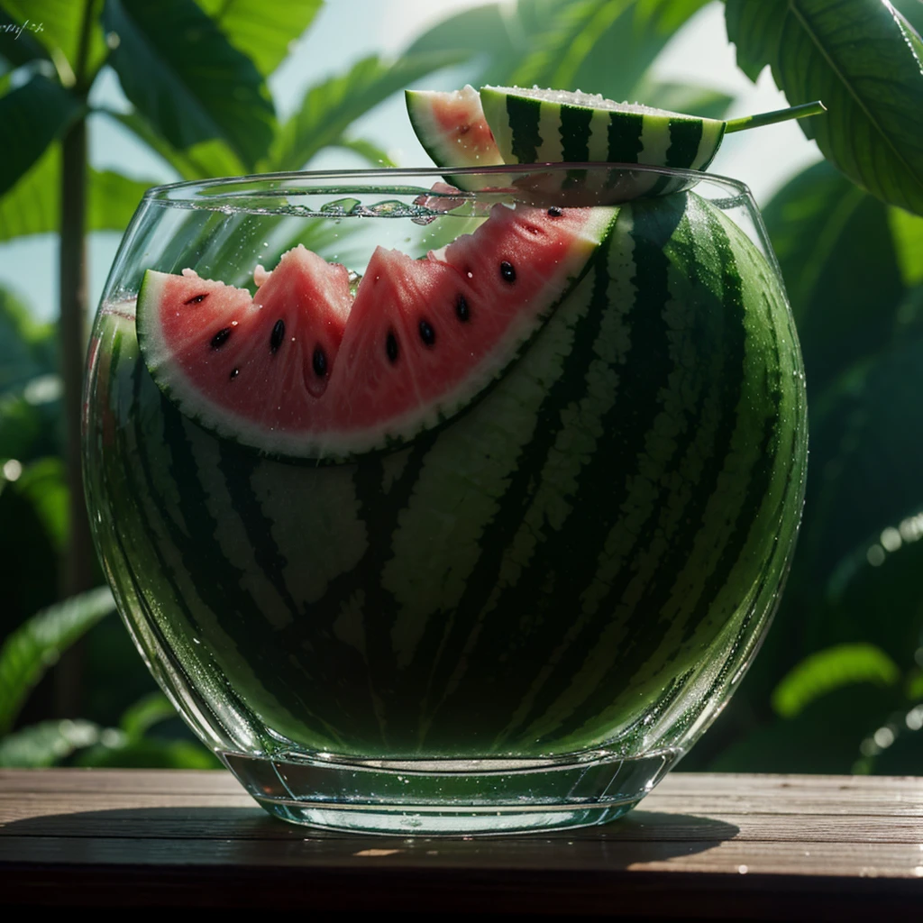 Wallpapers, poster, Drinks, Ice Cubes, Watermelon, Tropical Plants, Hot Weather, HD Detail, Moist Watermark, Ultra Detail, Movie, Hyper Realism, Soft Light, Deep Focus Bokeh, Ray Tracing, Diffuse (Ultrafine Glass Reflection) and surrealism --niji 5