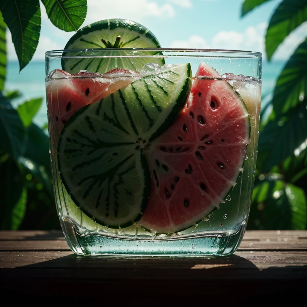 Wallpapers, poster, Drinks, Ice Cubes, Watermelon, Tropical Plants, Hot Weather, HD Detail, Moist Watermark, Ultra Detail, Movie, Hyper Realism, Soft Light, Deep Focus Bokeh, Ray Tracing, Diffuse (Ultrafine Glass Reflection) and surrealism --niji 5