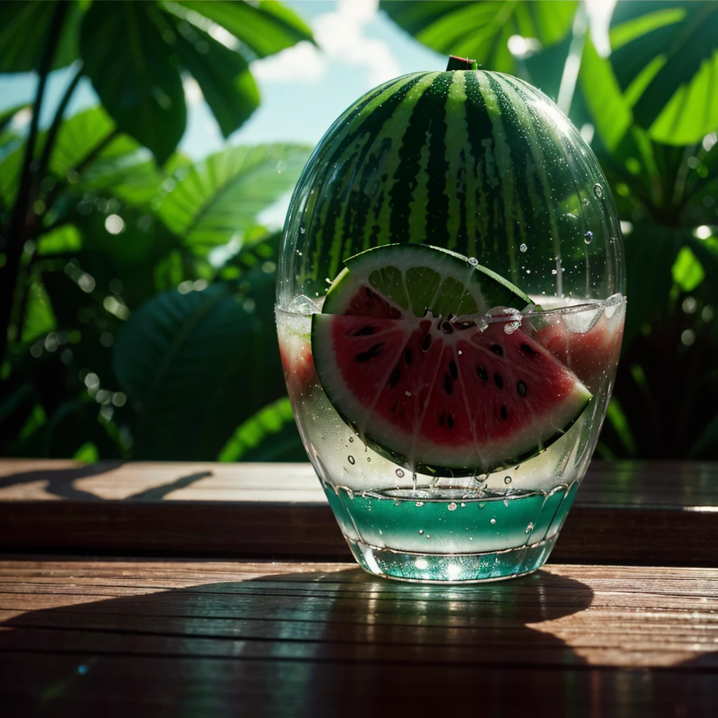 Wallpapers, poster, Drinks, Ice Cubes, Watermelon, Tropical Plants, Hot Weather, HD Detail, Moist Watermark, Ultra Detail, Movie, Hyper Realism, Soft Light, Deep Focus Bokeh, Ray Tracing, Diffuse (Ultrafine Glass Reflection) and surrealism --niji 5