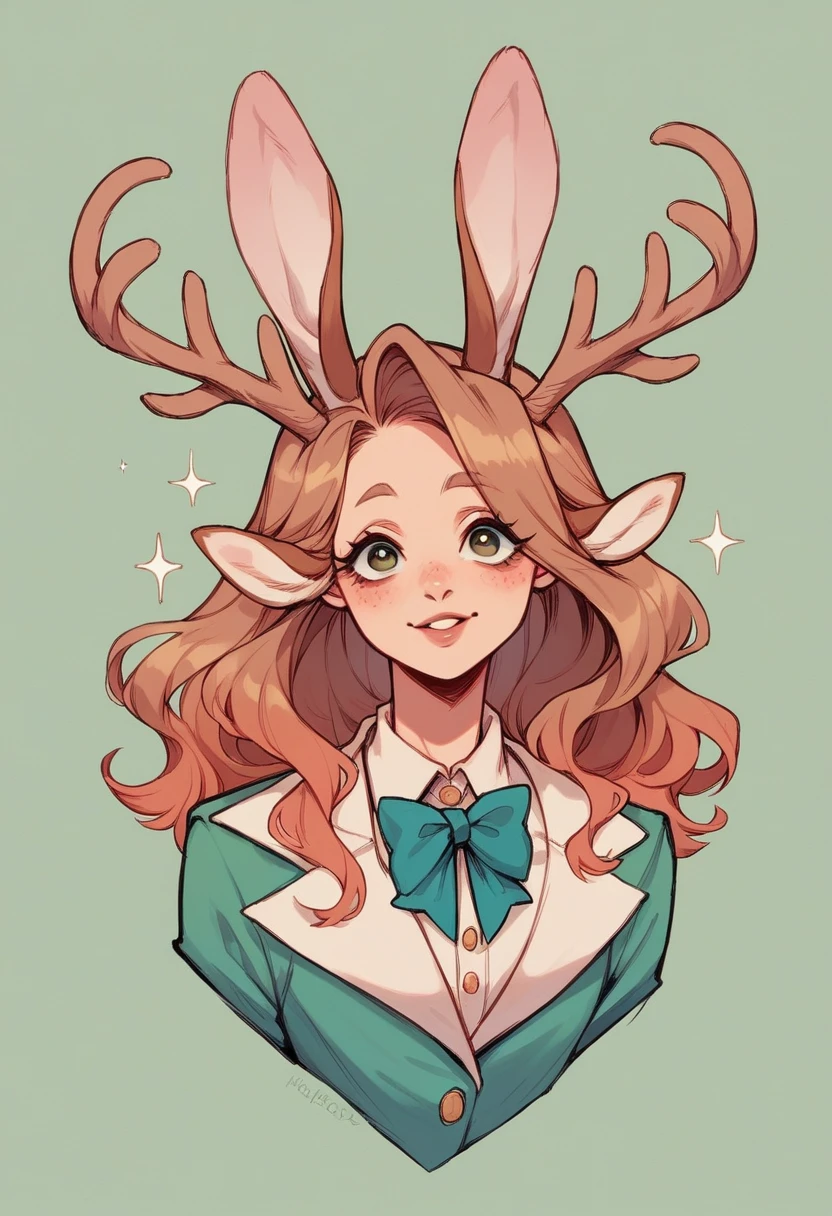 woman, jackalope, bunny ears and deer antlers