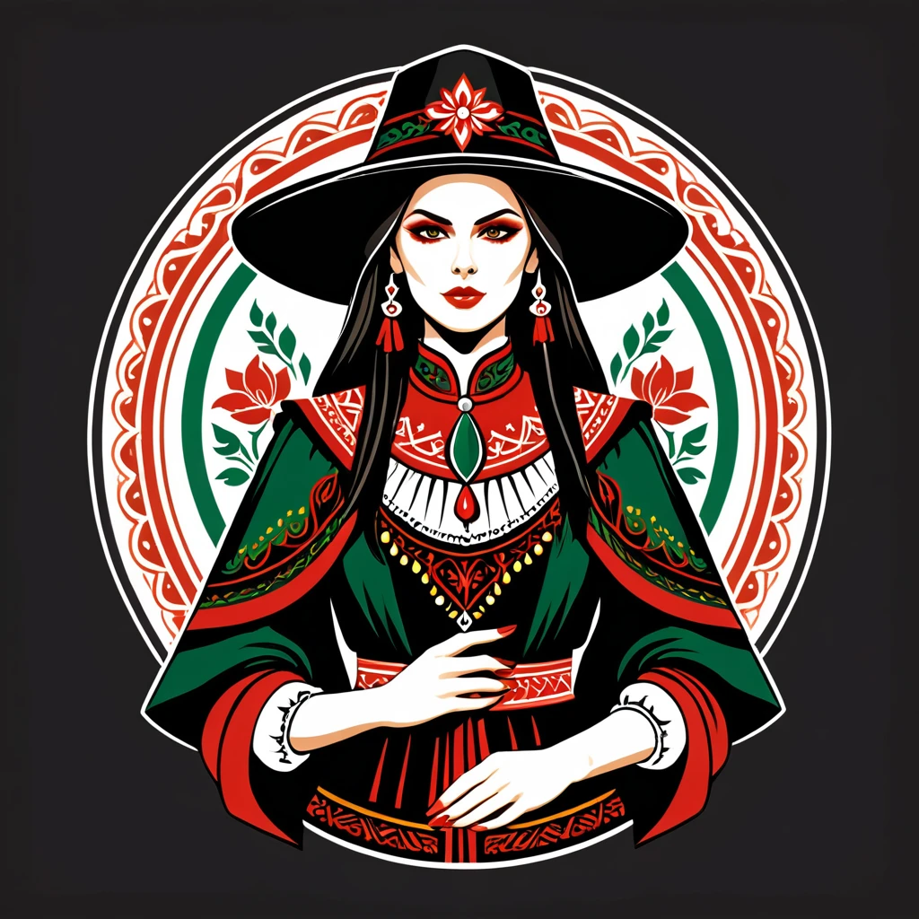 female warlock in hungarian folk outfit, vector graphics, strong contours, logo design