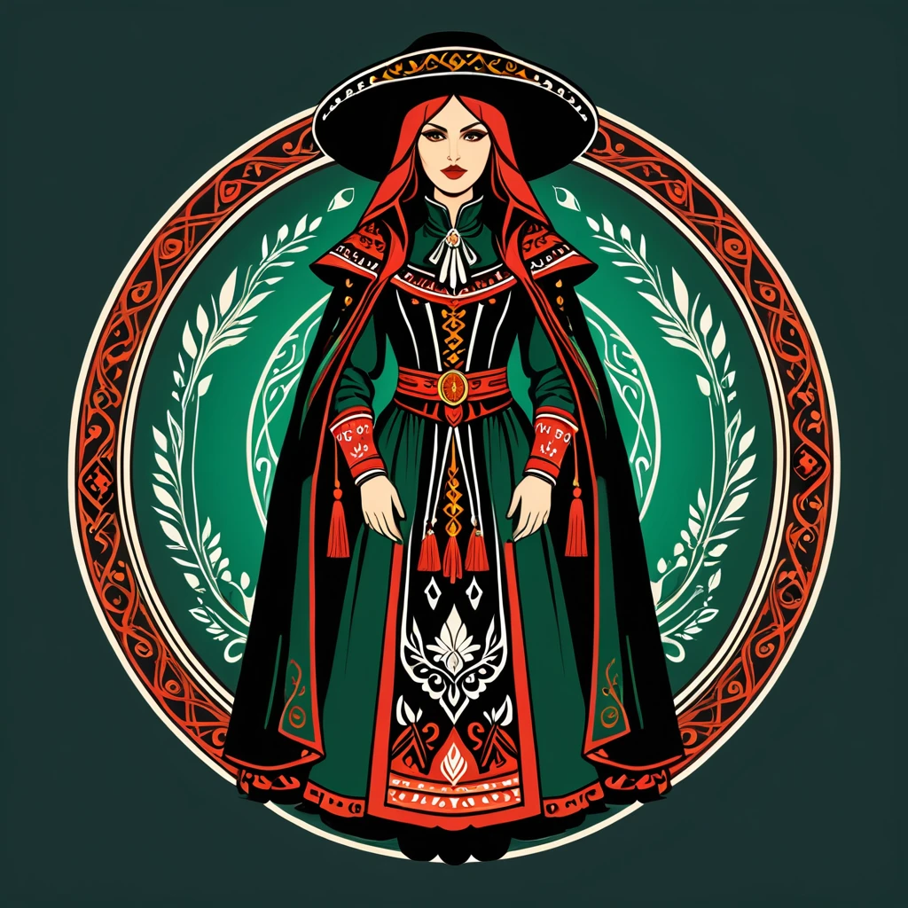 female warlock in hungarian folk outfit, vector graphics, strong contours, logo design
