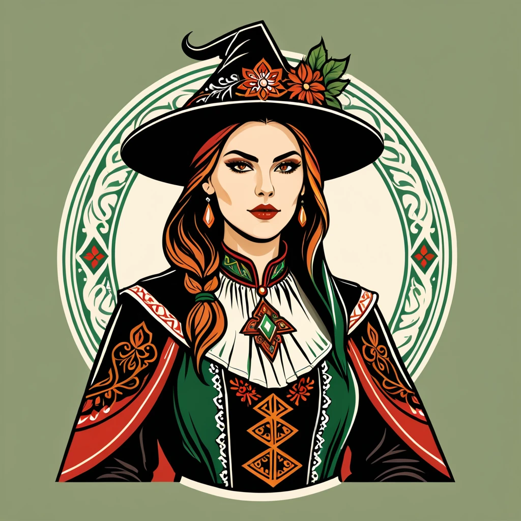 female warlock in hungarian folk outfit, vector graphics, strong contours, logo design