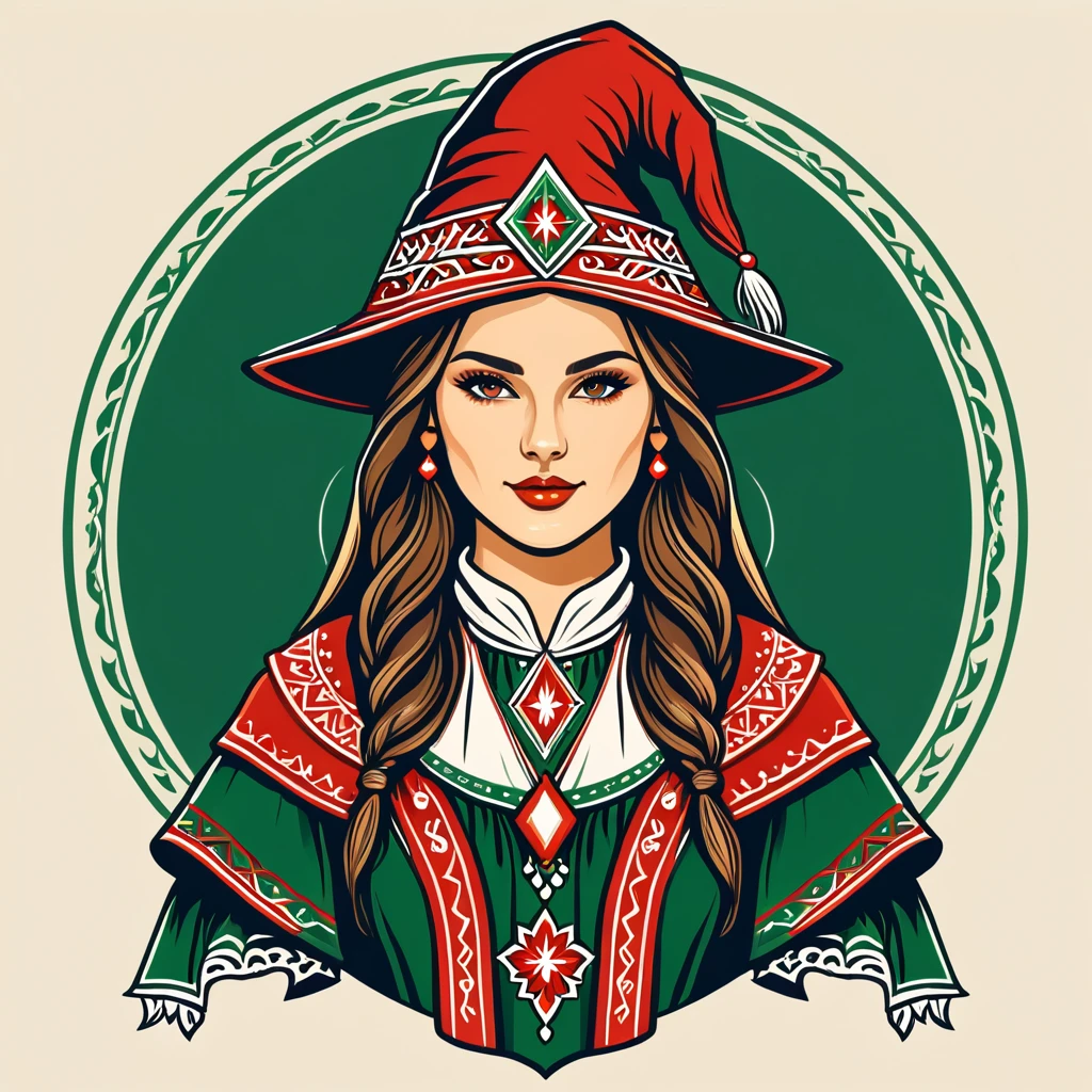 female wizard in hungarian folk outfit, vector graphics, strong contours, logo design
