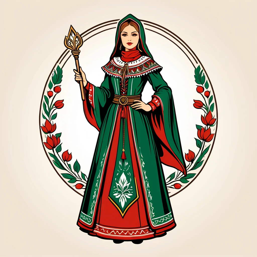 female wizard in hungarian folk outfit, vector graphics, strong contours, logo design