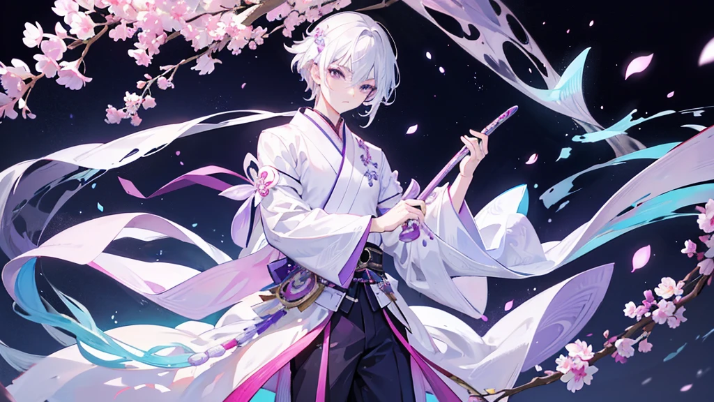 A Chinese boy who has a white hair and holding a sword wearing a white kimono with long long sleeps his kimono has a Persian painting patron and it's shiny behind him is a wall it's like a rock wall half top of the painting is surrounded by white pink purple and light blue flowers like Lily of the Valley and violets and the bottom of the painting there is so many gemstones who are pink purple and light blue the boy has a hair accessory that has a diamond shape gemstone stone that is deep red the boy hold the sword with both hand in the front of him and his pose is kind of like 3.4 of his face showing to us he's har is so long