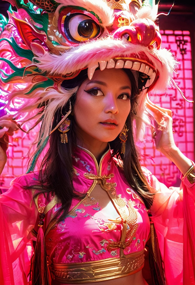 Realistic photography, cinematic, Phase One XF IQ4 150MP, Contemporary Female Lycanthrope, wearing Traditional Chinese Garb and a Dragon Mask with Fur and Corduroy images, black hair, Energetic, Neon Light, Selective focus