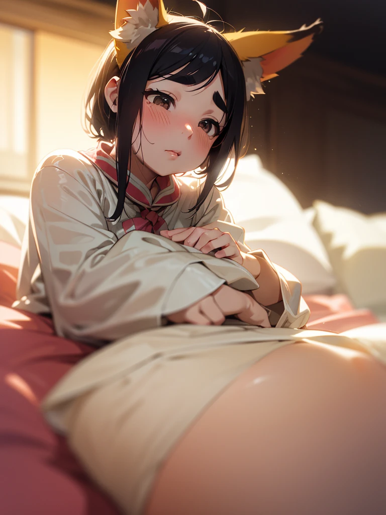 (Sumilux f1.4 24mm , low Latitude old color negative film , cross process , bokeh, flare, chromatic aberration , soft focus, (Shallow focus) , soft glow , Maximum aperture, High Key , Transparent depiction) , dynamic wide angle , kawaii anime , Girl , fox ear , Thick eyebrows , Swollen cheeks , moist eyes , glossy lips , round face , childish , clothed , on the bed , My heart is beating fast , focus face , Strange feeling