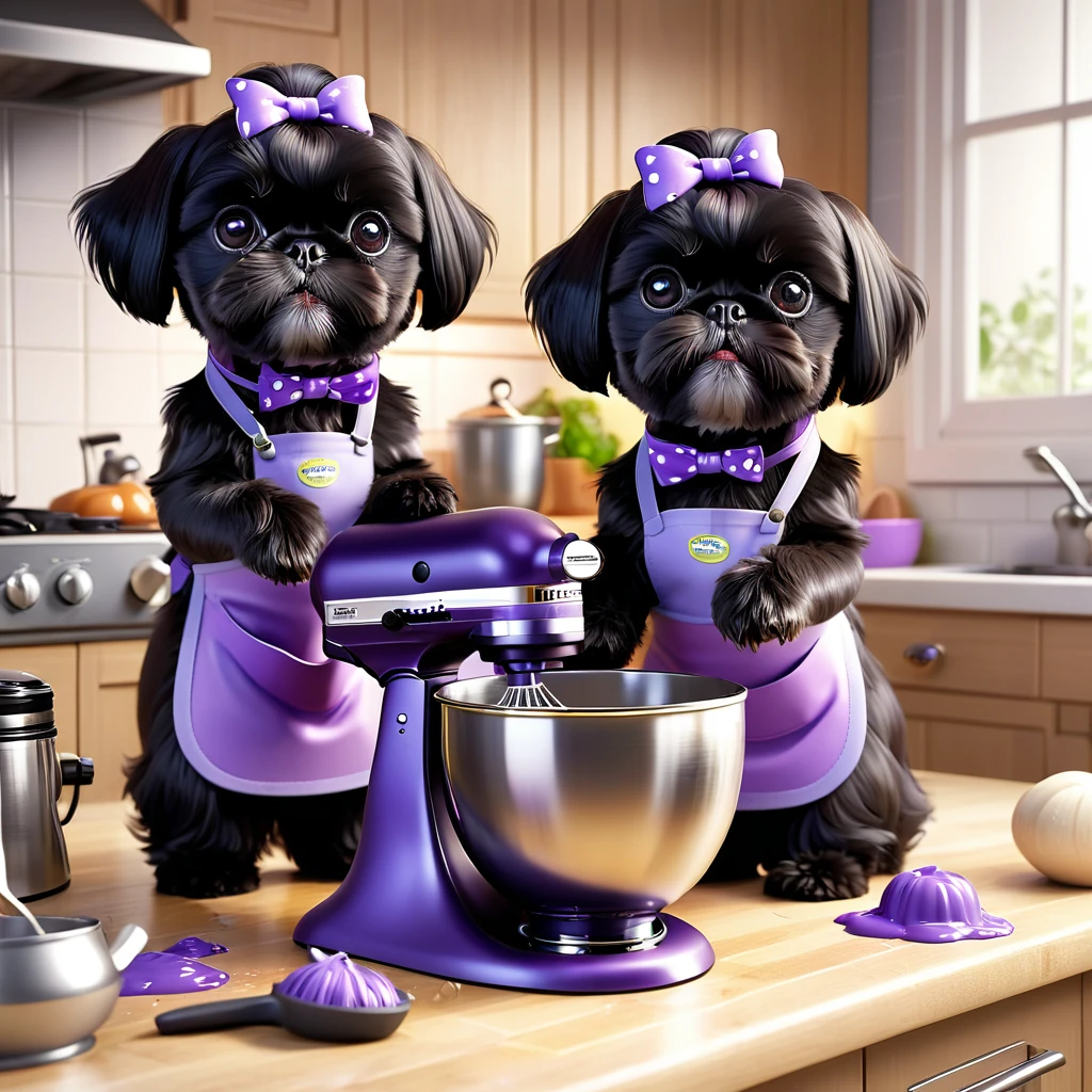 2 Adorable small black Shih Tzu puppies wearing purple collars and aprons using kitchen aid mixer making a mess in Disney kitchen 3d cartoon, 3d render, disney pixar style