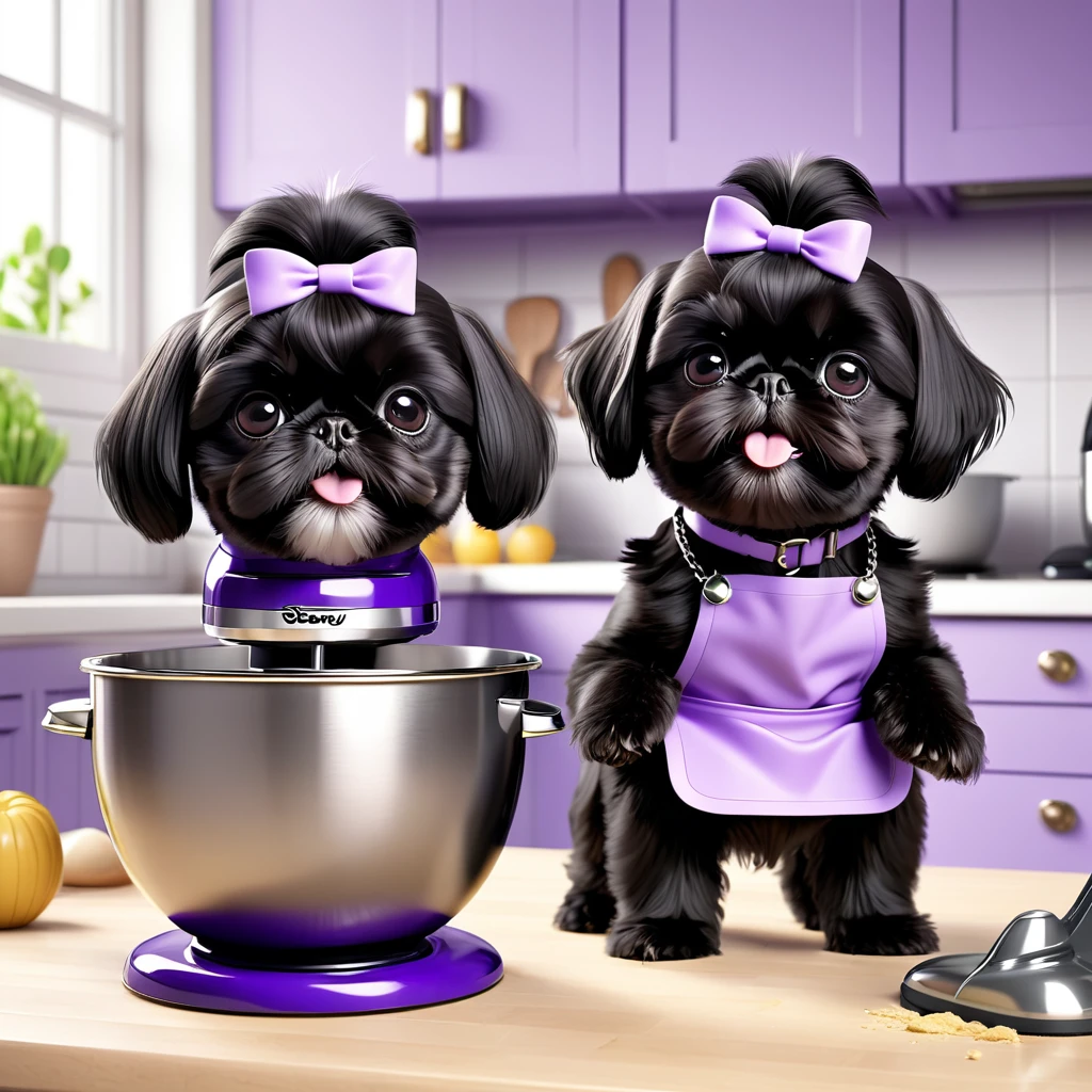 2 Adorable small black Shih Tzu puppies wearing purple collars and aprons using kitchen aid mixer making a mess in Disney kitchen 3d cartoon, 3d render, disney pixar style