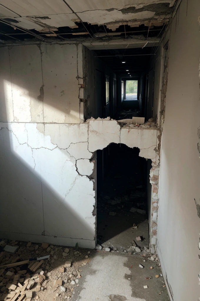 hole in destroyed wall.