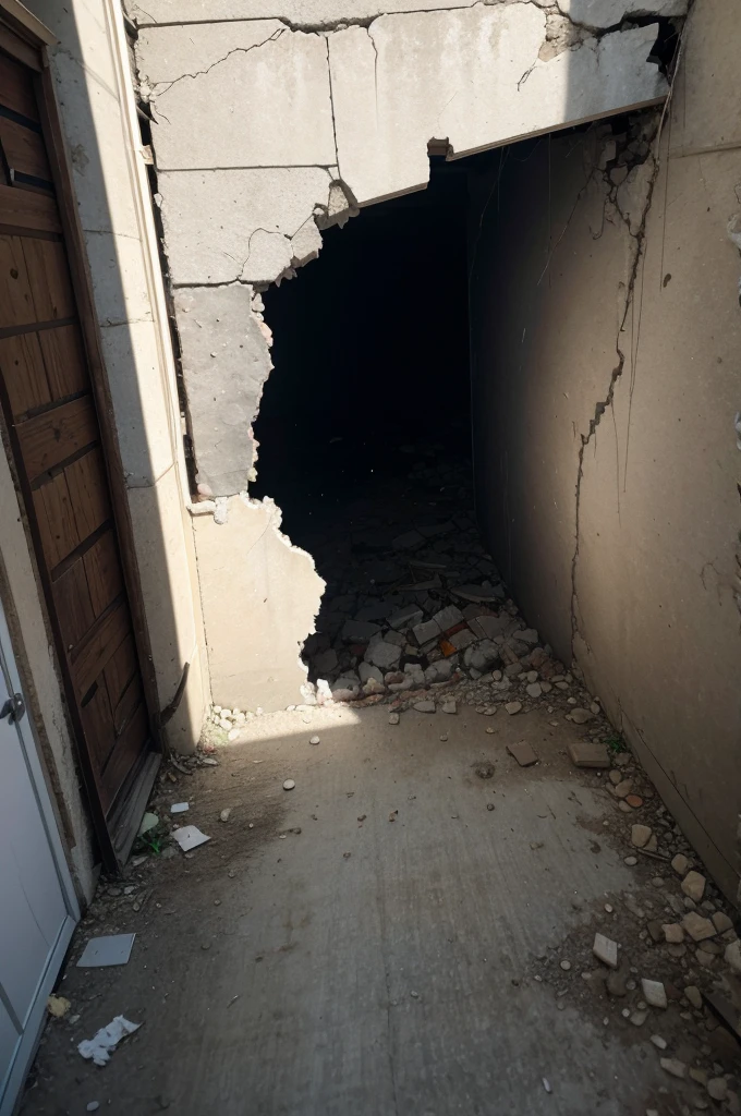 hole in destroyed wall.