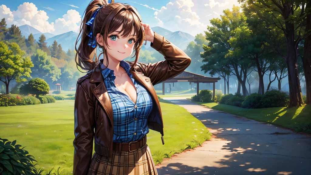 1girl, solo, village, trees, sun, clouds, ((brown hair)), ponytail, large breasts, ((brown leather jacket)), button down shirt, ((blue checked shirt)), ((unbuttoned shirt)), unbuttoning buttons, cleavage 1:3, green eyes, long skirt, brown boots, smile, happy, looking at the viewer, standing, hair ribbon, golden necklate