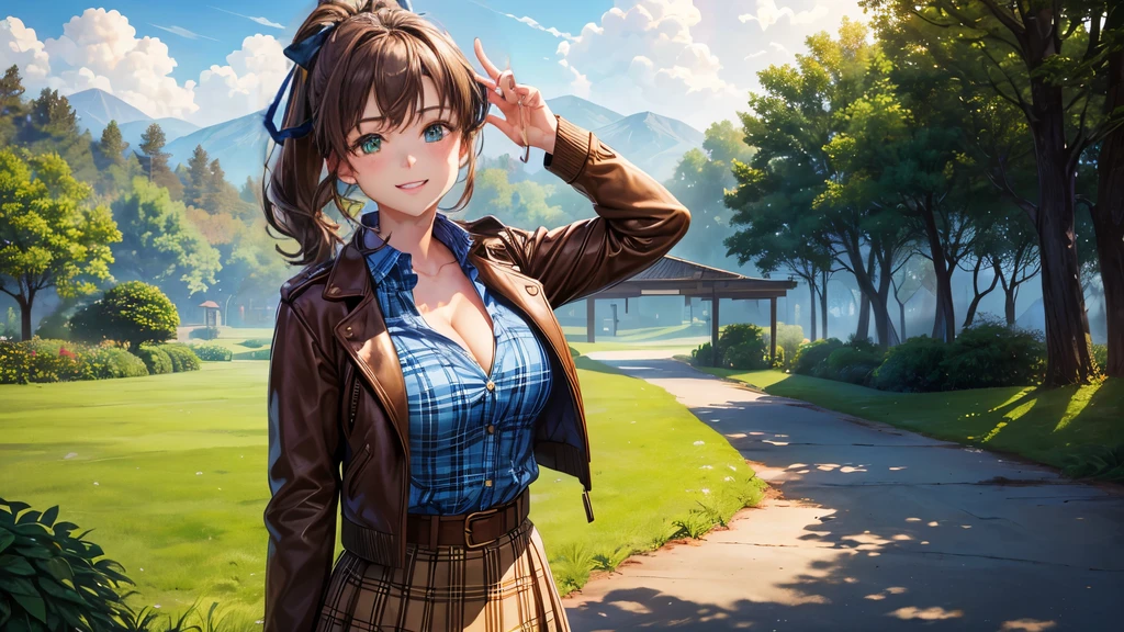 1girl, solo, village, trees, sun, clouds, ((brown hair)), ponytail, large breasts, ((brown leather jacket)), button down shirt, ((blue checked shirt)), ((unbuttoned shirt)), unbuttoning buttons, cleavage 1:3, green eyes, long skirt, brown boots, smile, happy, looking at the viewer, standing, hair ribbon, golden necklate
