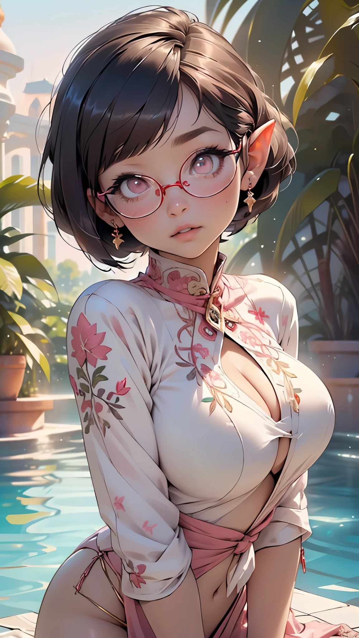 cute elf,(((little ,tiny little body,little))),(((6 ))),((anime elf with extremely cute and beautiful brunette hair)), (((elf))), (((elf ears))),
(((large breast:1.8))),((((brunette hair:1.35,brunette bob cut hair,colored inner hair,ear breathing)))),(((pink_eyes:1.3))),intricate eyes,beautiful detailed eyes,symmetrical eyes,big eyes:1.5,(((lustrous skin:1.5,bright skin: 1.5,skin tanned,shiny skin,very shiny skin,shiny body,plastic glitter skin,exaggerated shiny skin,illuminated skin))),(detailed body,(round face,detailed face)),
cute,slutty,erotic,daring,fat,((nsfw)),
((((huge glasses, nerd glasses, thick glasses, round glasses)))),zettai ryouiki,revealing clothing,show skin,(((Sexy pale pink arabian clothes, pale pink arabian outfit, wearing a pale pink sexy arabian clothes:1.3,pale pink arabian bikini))),((pale pink loincloth,visible thong straps)),(pale pink clothes,semi-naked,with little pale pink clothing),(((intricate outfit,intricate clothes,embroidered outfit,ornate outfit,embroidered clothes,ornate clothes))),
(dynamic pose:1.0),embarrassed,(centered,scale to fit dimensions,Rule of thirds),
((beautiful bath house made of arab marble and arab pillars, beautiful clear water in pool)),scenery:1.25,((intricate scenery)),((arab palace background)),extremely scenery,(sunset, golden hour),
(Glossy winter ornaments),highres,sharp focus,(ultra detailed,extremely detailed),(photorealistic artwork:1.37),(extremely detailed CG unity 8k wallpaper),(((vibrant colors,vibrant theme))),(intricate),(masterpiece),(best quality),artistic photography,(photography taken by sldr),(intricate background),perfect rendered face,perfect face details,realistic face,photo realistic,((intricate detail)),(((realism))),