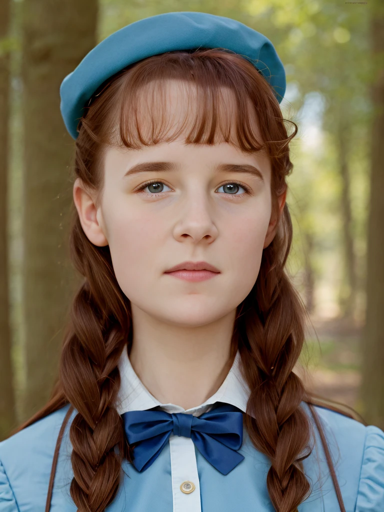 (best quality,4k,8k,highres,masterpiece:1.2),ultra-detailed,(realistic,photorealistic,photo-realistic:1.37), ((deutschland, mittelalter, nebliger bergwald, a young school girl, she wears uniform, skirt, solo, shy)), ((very large bust size for her young age)), she wears beret, she wears no bra, braided red hair, pale skin