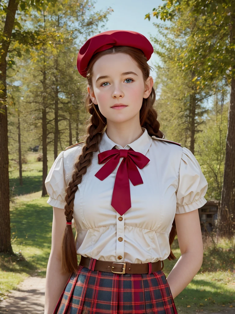 (best quality,4k,8k,highres,masterpiece:1.2),ultra-detailed,(realistic,photorealistic,photo-realistic:1.37), ((deutschland, mittelalter, nebliger bergwald, a young school girl, she wears uniform, skirt, solo, shy)), ((very large bust size for her young age)), she wears beret, she wears no bra, braided red hair, pale skin