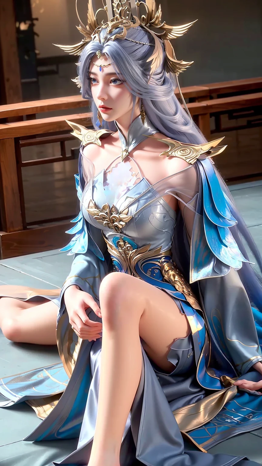 A beautiful young woman,Long hair,Wearing pajamas,Sitting on the bed,barefoot,Wearing a dress,Side-lying,Cross-legged,Full body shot,(Best picture quality,4K,8k,high-definition,excellent work:1.2),Ultra Detail,(Realistic,Realistic,Realistic:1.37),Delicate eyes,Delicate lips,Extremely detailed face and eyes,Long eyelashes,Natural light,Warm colors,Soft Focus,portrait,Chiaroscuro,Deep scene,Jade Hands,Clear fingers,(((浅蓝色Long hair)))
