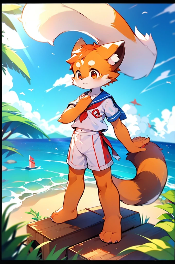 Red Panda Boy,8k resolution,Furry, Ocean,Sailor uniform,Red collar,Two legs,Stand on your feet! towering,lanky,lanky,:slim body,:tall