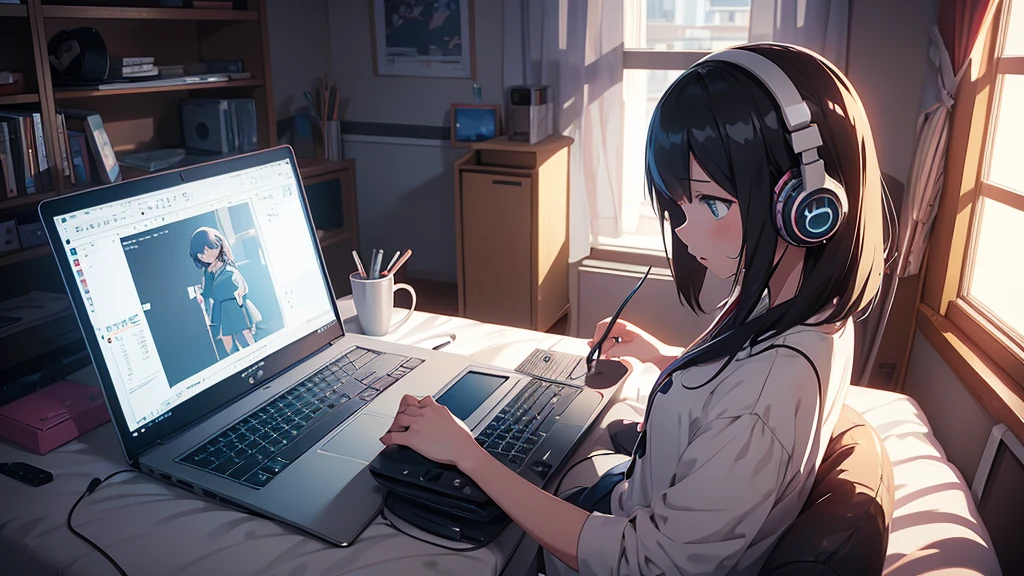 anime girl sitting on bed using laptop computer with headphones on, a digital painting inspired by Atey Ghailan, pixiv contest winner, computer art, lofi girl, lofi artstyle, in style of atey ghailan, digital anime illustration, lofi portrait, lofi art, atey ghailan 8 k, digital art ilya kuvshinov