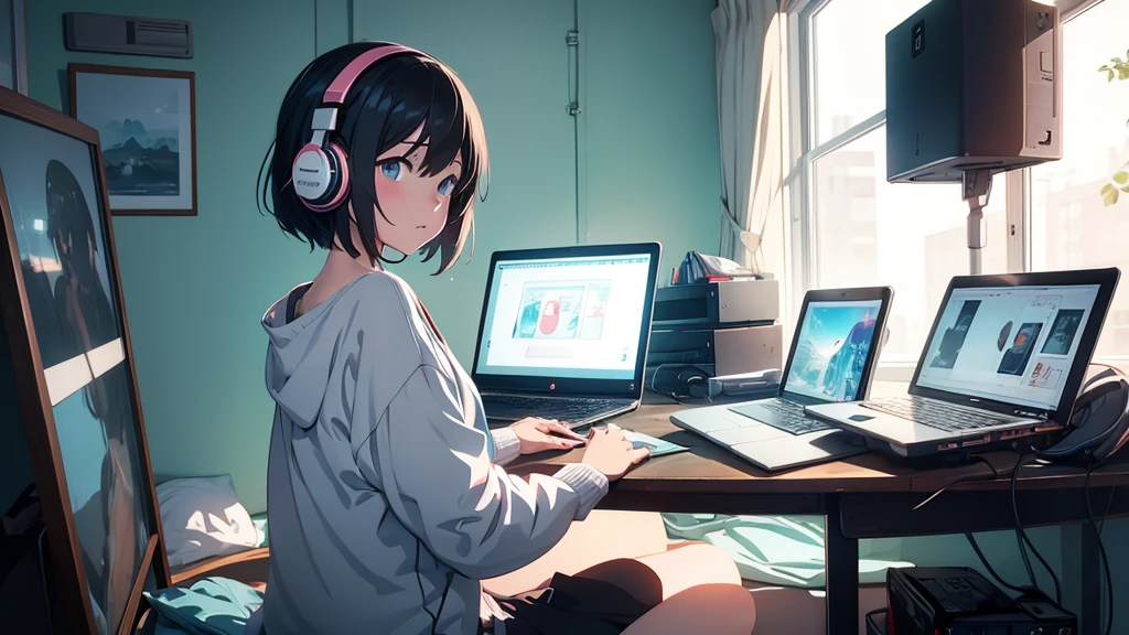 anime girl sitting on bed using laptop computer with headphones on, a digital painting inspired by Atey Ghailan, pixiv contest winner, computer art, lofi girl, lofi artstyle, in style of atey ghailan, digital anime illustration, lofi portrait, lofi art, atey ghailan 8 k, digital art ilya kuvshinov