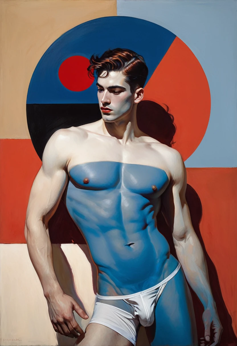 chiaroscuro technique on sensual illustration of an arafed man in white underwear, sexy masculine, diego fazio, male model, by Ludovit Fulla, model with attractive body, inspired by Ludovit Fulla, mid-shot of a hunky, the model draped in flowing, thick oil painting by Harumi Hironaka, extremely soft colors, vibrant, highly detailed, malcolm liepke painting, oil on canvas, high contrast, dramatic, refined, tonal, Create high contrast between light and shadow fire around, there is a red circle on a blue and red square, inspired by Bauhaus, in a shapes background, brown red blue, circle forms, red blue, by Leon Polk Smith, memphis abstract minimal art, graphic shapes, minimal art, blue and red, minimal art style, bauhaus art, inspired by El Lissitzky, bold simple shapes