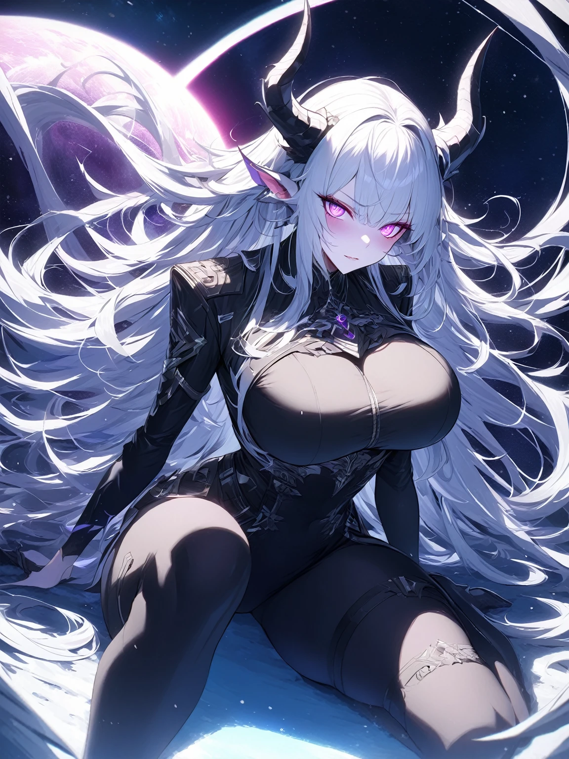 Masterpiece, very detailed, ultra detailed, one, (1 woman), she is in an ancient black futuristic military uniform, and in an full position, long hair, bright white hair, snow-white hair and haircut on the sides, white demonic horns, Sharp dragon ears, beautiful, charming, bright purple eyes, neon eyes, bright eyes, elegant, big breasts, serious face, cold face, charming, against the background of space planets and a black hole.