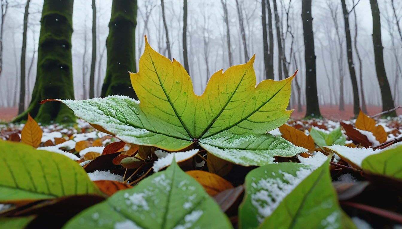 (light green leaves),(winter leaves), (half withered),(Deep woods),magical round leaves leaves falling, snow is falling thinly,nature documentry footage, youtube video screenshot, today's featured photography 4k, autumn rain turkel, nature photography 4k, november, cinematic widescreen shot, leaves and magic, high quality screenshot, 2 0 2 1 cinematic 4 k framegrab, wide screenshot