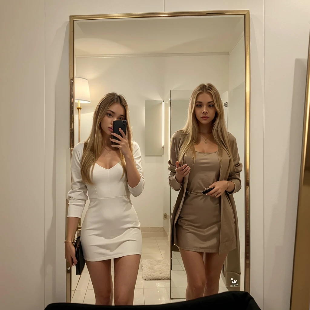 Image is a mirror selfie taken in a bathroom with beige tiled walls. The subject is a young woman with long, straight blonde hair and fair skin. She is wearing a white faux fur coat over a black dress and holding a black handbag with a gold logo. She is holding an iPhone with a white case in her left hand, capturing the photo. The lighting is soft, creating a warm ambiance. The mirror is rectangular and mounted on the wall, reflecting the subject's full upper body.