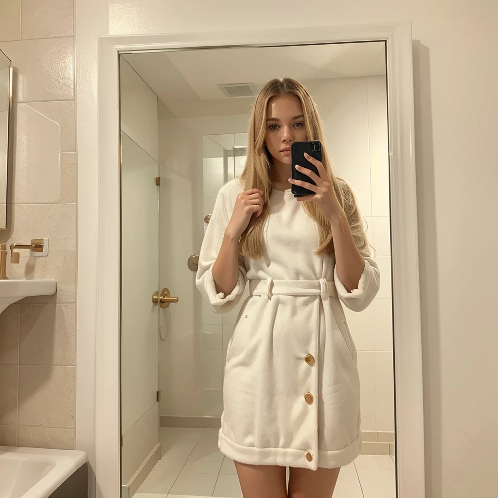 Image is a mirror selfie taken in a bathroom with beige tiled walls. The subject is a young woman with long, straight blonde hair and fair skin. She is wearing a white faux fur coat over a black dress and holding a black handbag with a gold logo. She is holding an iPhone with a white case in her left hand, capturing the photo. The lighting is soft, creating a warm ambiance. The mirror is rectangular and mounted on the wall, reflecting the subject's full upper body.