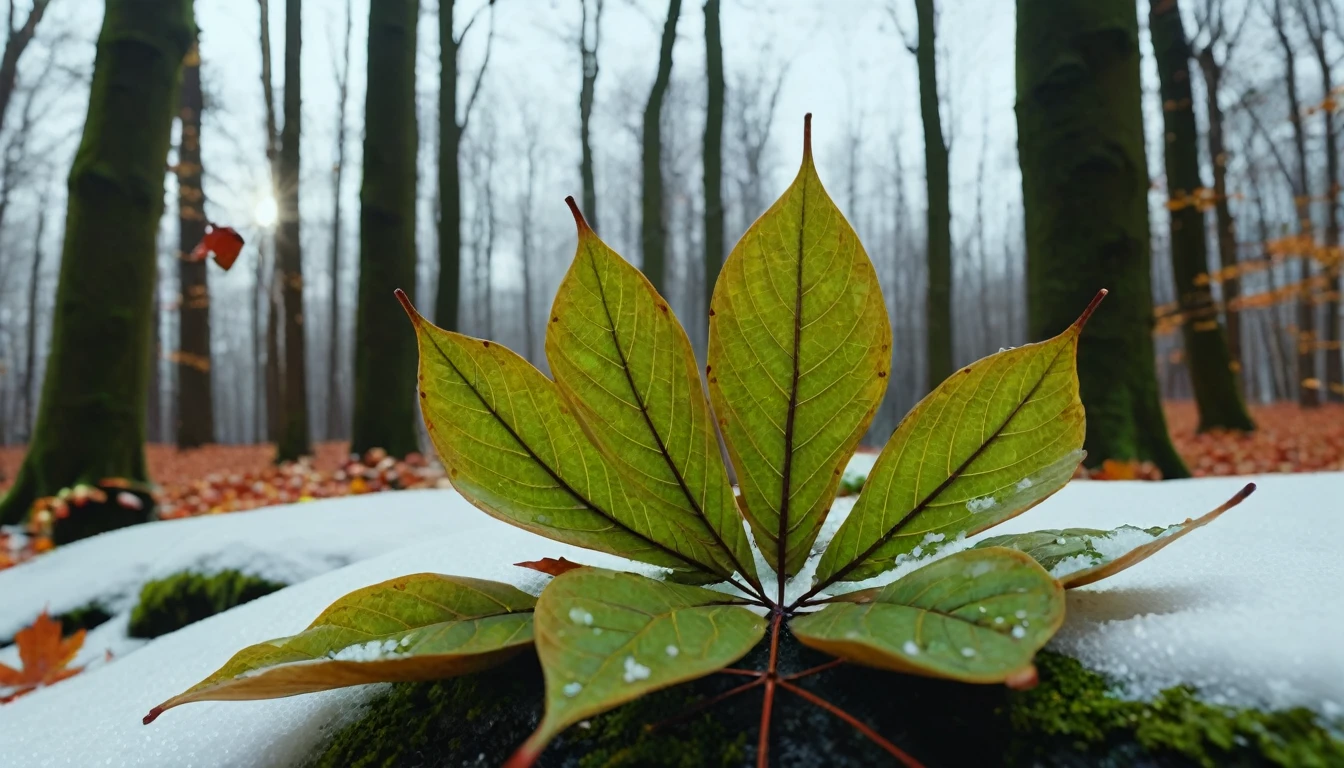 (light green leaves),(winter leaves), (half withered),(Deep woods),magical round leaves leaves falling, snow is falling thinly,nature documentry footage, youtube video screenshot, today's featured photography 4k, autumn rain turkel, nature photography 4k, november, cinematic widescreen shot, leaves and magic, high quality screenshot, 2 0 2 1 cinematic 4 k framegrab, wide screenshot