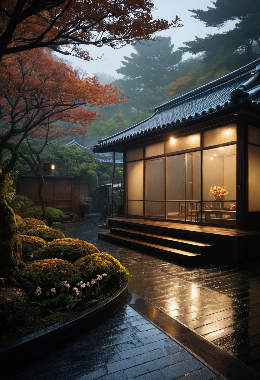 photography, style of Makoto Shinkai studio and Greg Rutkowski, dark. drop, little flowers, atmosphere lights, billboards, fences, wet and winding porcelain ramp, terrace covered with pavement, veranda, ultra detailed glass, bright french window, crowded bedroom, low flattop single layer huts, traditional courtyard, deep forest, heavy fog, deserted, Japan, autumn, night, motherboard, HD, clear, realistic, abundant details, ultra texture, highest resolution, back light, rim light, depth of field, bokeh, magnificent and atmospheric cinematic scene, saw from inside.
