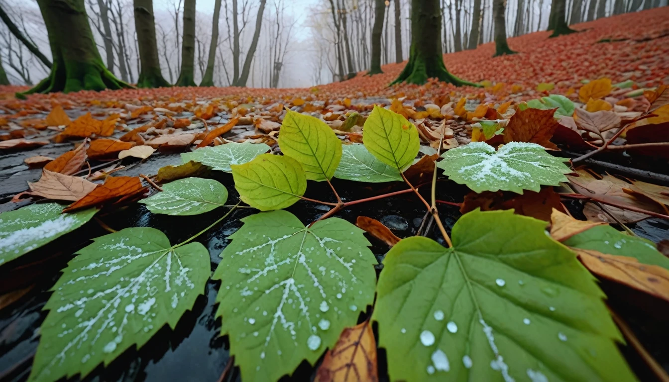 (light green leaves),(winter leaves), (half withered),(Deep woods),magical round leaves leaves falling, snow is falling thinly,nature documentry footage, youtube video screenshot, today's featured photography 4k, autumn rain turkel, nature photography 4k, november, cinematic widescreen shot, leaves and magic, high quality screenshot, 2 0 2 1 cinematic 4 k framegrab, wide screenshot