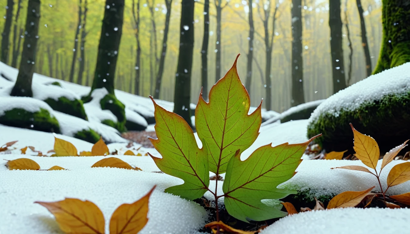 (light green leaves),(winter leaves), (half withered),(Deep woods),magical round leaves leaves falling, snow is falling thinly,nature documentry footage, youtube video screenshot, today's featured photography 4k, autumn rain turkel, nature photography 4k, november, cinematic widescreen shot, leaves and magic, high quality screenshot, 2 0 2 1 cinematic 4 k framegrab, wide screenshot