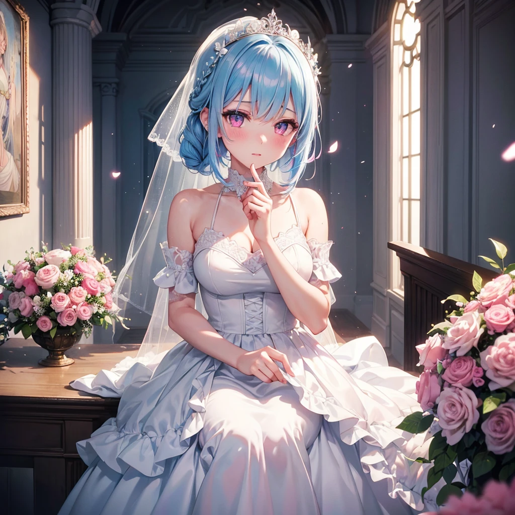 Light Blue Medium Hair, (Braided Hair),(Pink Eyes),Fair skin ,(whole body),(1 girl),bride,blush,Straight bangs, 6月のbride,Wedding dress,(masterpiece, Highest quality, Very detailed, Best Shadow), (Detailed Background), (Beautifully detailed face), High Contrast, (Best lighting, Very delicate and beautiful), ((Cinematic Light)), colorful, Hyper Detail, Dramatic Light, Intricate details,Wedding hall,