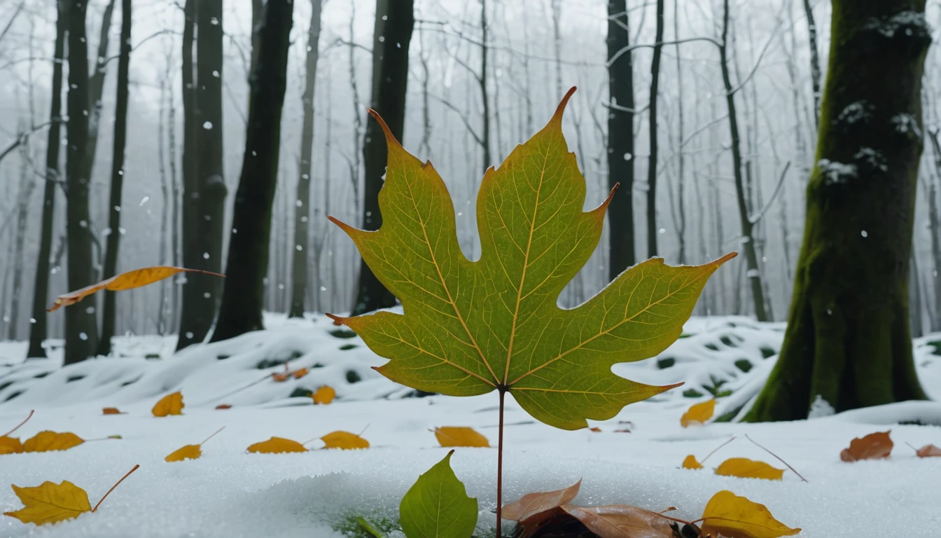 (light green leaves),(winter leaves), (half withered),(Deep woods),magical round leaves leaves falling, snow is falling thinly,nature documentry footage, youtube video screenshot, today's featured photography 4k, autumn rain turkel, nature photography 4k, november, cinematic widescreen shot, leaves and magic, high quality screenshot, 2 0 2 1 cinematic 4 k framegrab, wide screenshot