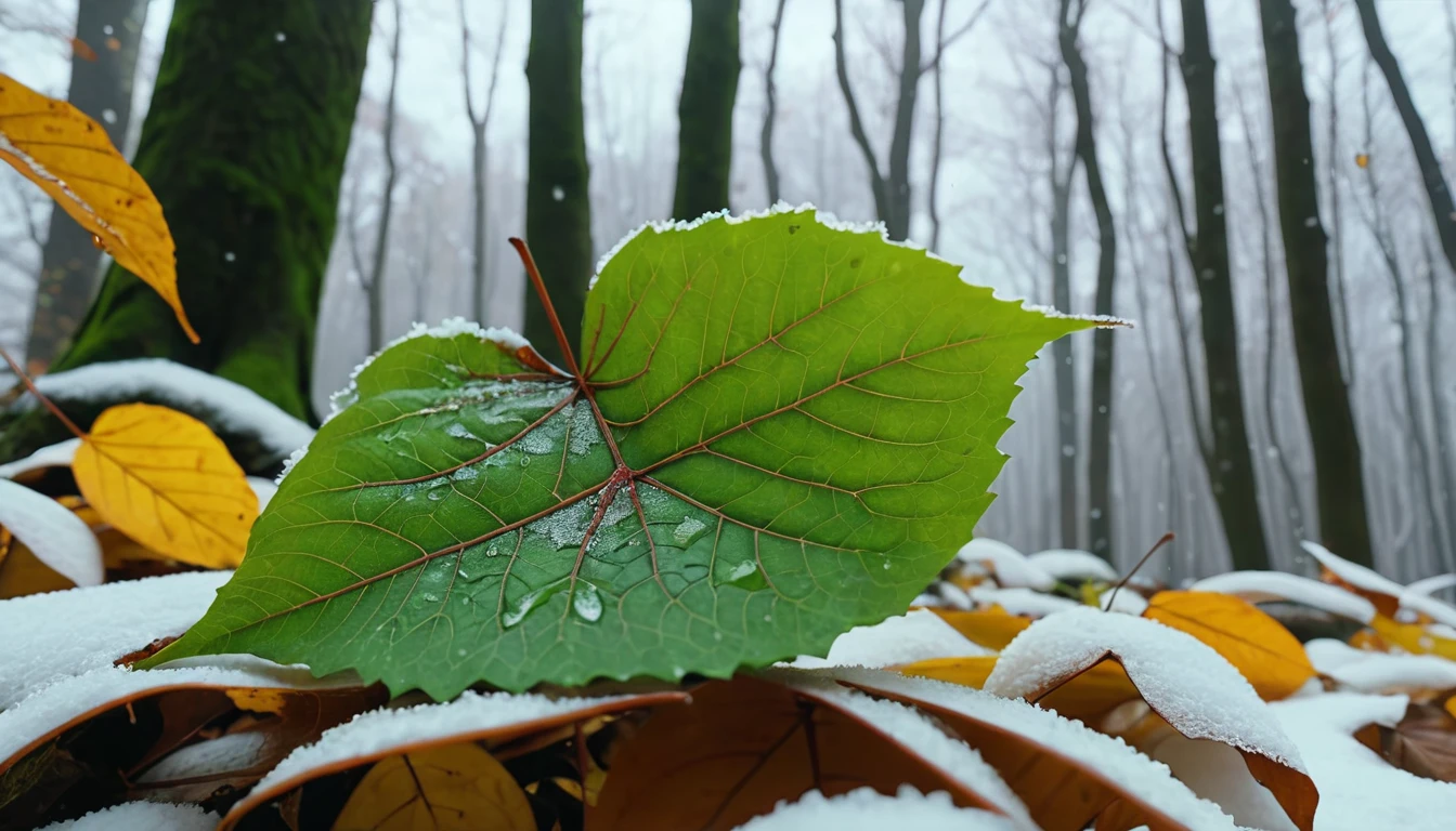 (light green leaves),(winter leaves), (half withered),(Deep woods),magical round leaves leaves falling, snow is falling thinly,nature documentry footage, youtube video screenshot, today's featured photography 4k, autumn rain turkel, nature photography 4k, november, cinematic widescreen shot, leaves and magic, high quality screenshot, 2 0 2 1 cinematic 4 k framegrab, wide screenshot