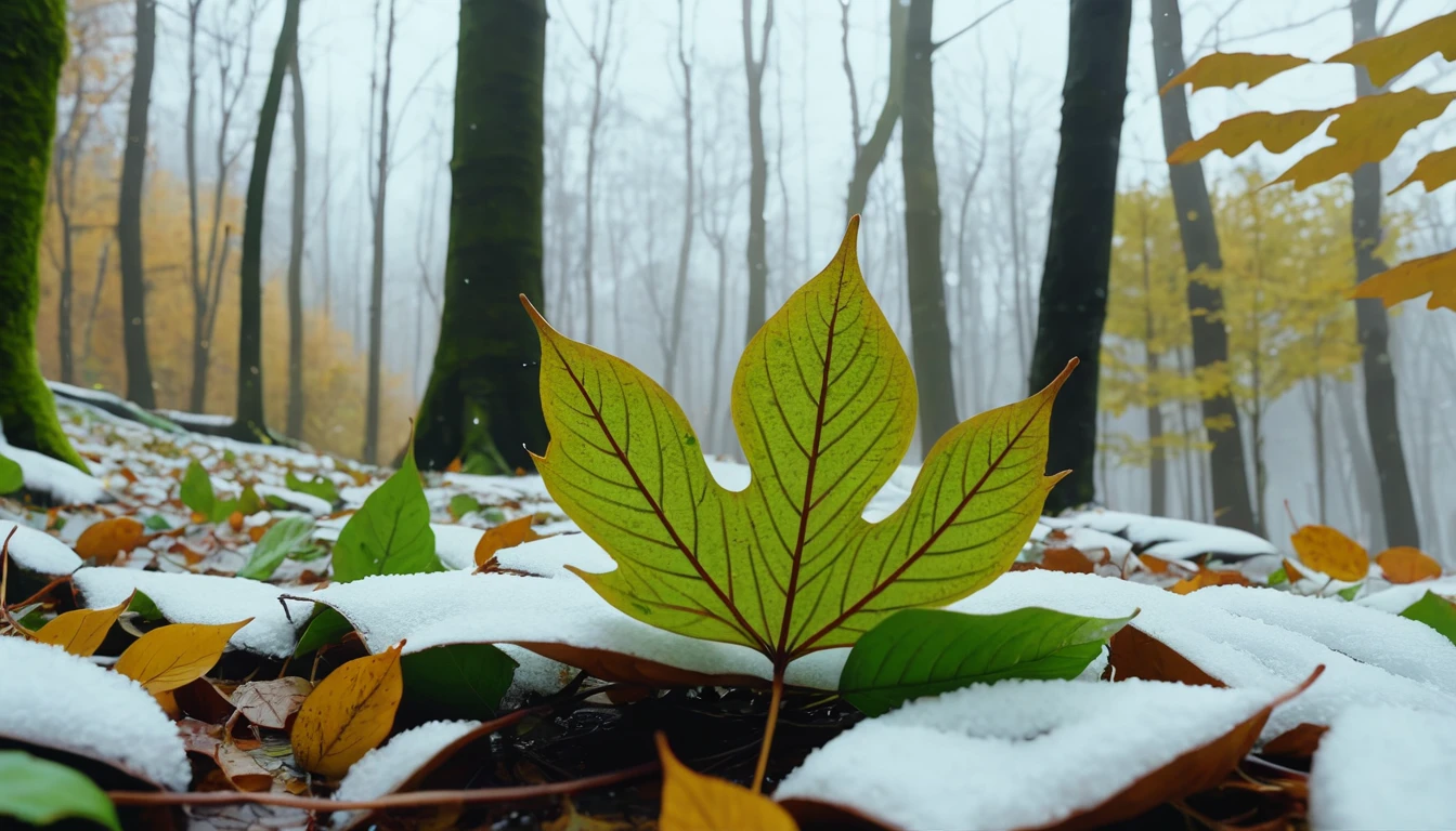 (light green leaves),(winter leaves), (half withered),(Deep woods),magical round leaves leaves falling, snow is falling thinly,nature documentry footage, youtube video screenshot, today's featured photography 4k, autumn rain turkel, nature photography 4k, november, cinematic widescreen shot, leaves and magic, high quality screenshot, 2 0 2 1 cinematic 4 k framegrab, wide screenshot