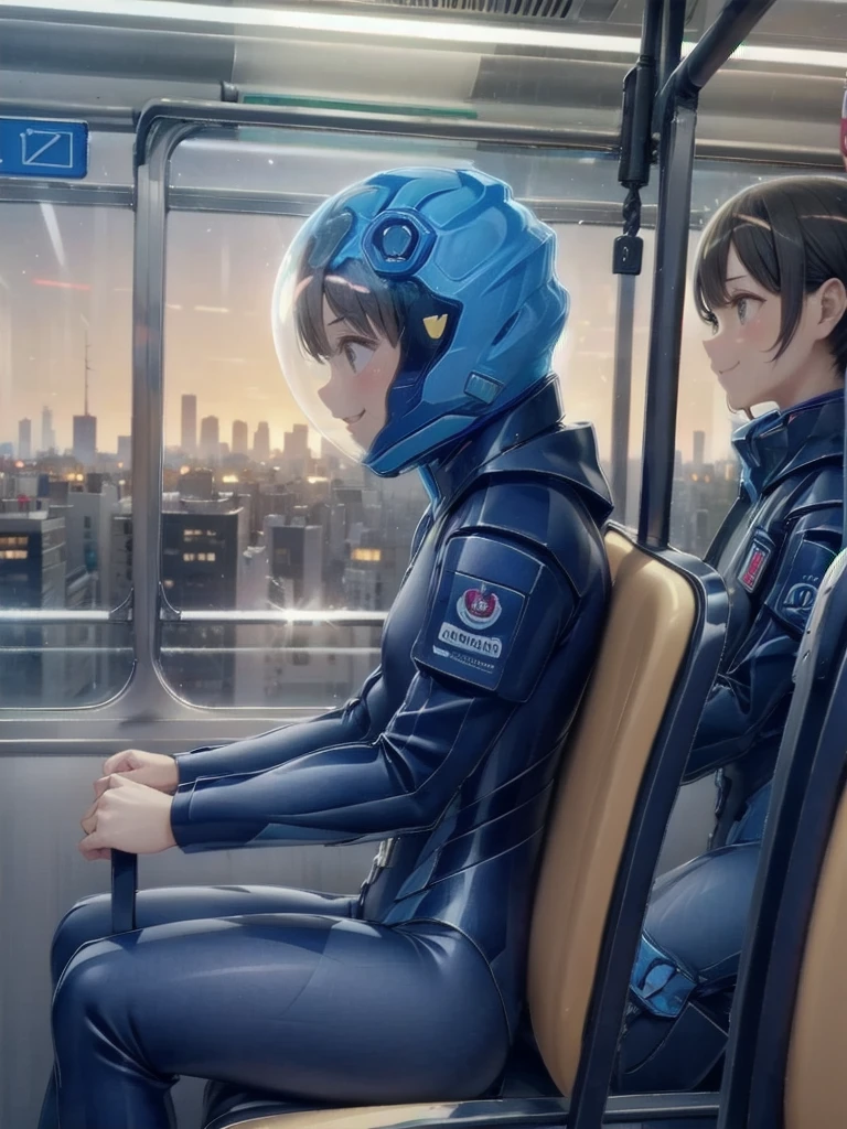 space helmet, (cinematic scene, sitting on a chair, train interior, , city view, night view: 1.5), space helmet, eva helmet, space suit, astronaut), smile bubble helmet, very detailed, speed helmet, bubble helmet, ,upper body, astronaut),eva helm, BODYSUIT, FROM SIDE