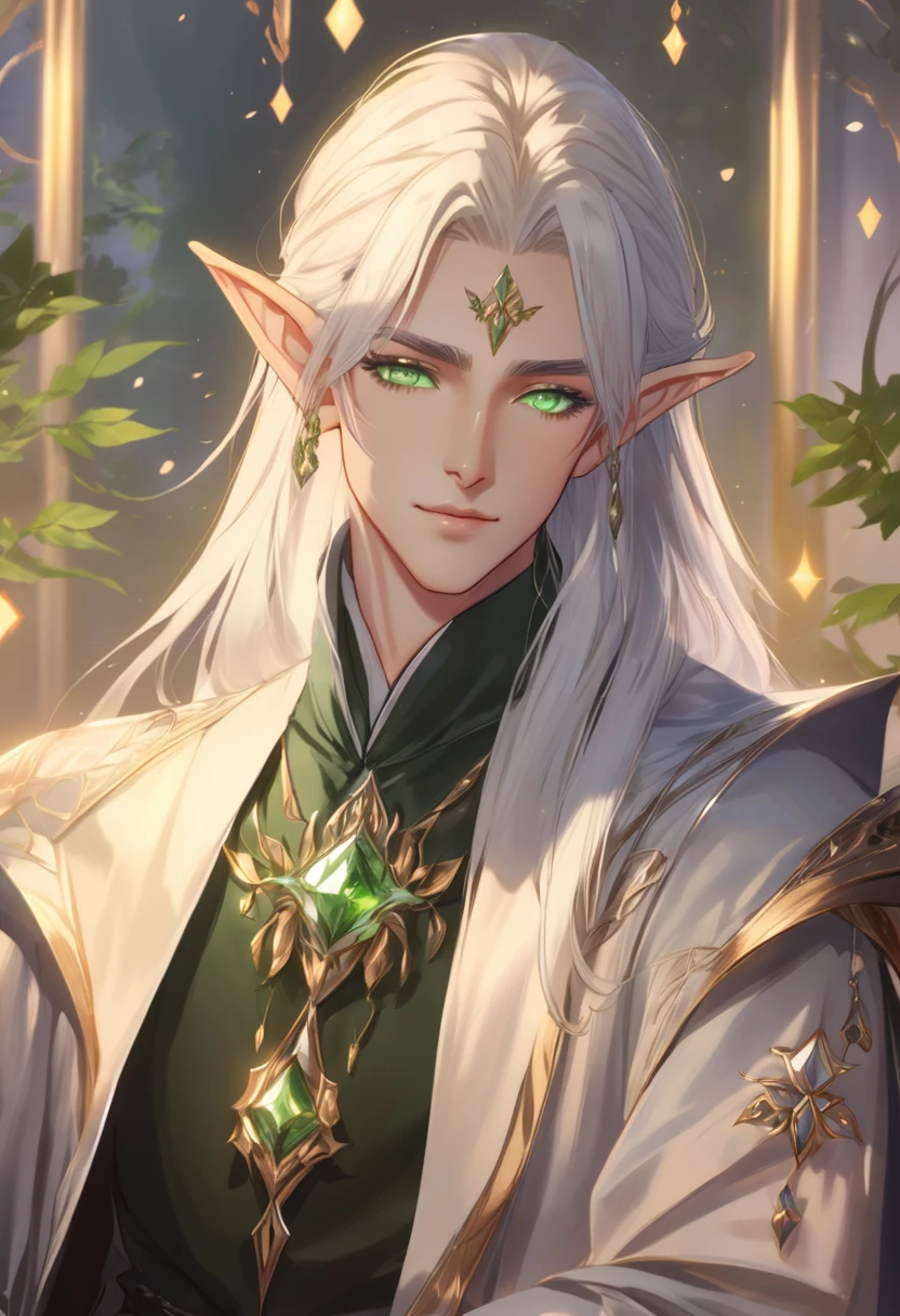 anime - style image of Male Elf with white hair and green eyes, a portrait of Male Elf, Beautiful male elf, Male Elf, Kashmir Art, elven character with smirk, Elf portrait, keqing from Genshin Impact impact, Beautiful androgynous prince, Genshin Impact, A delicate androgynous prince, Elden Ring&#39;s Elves