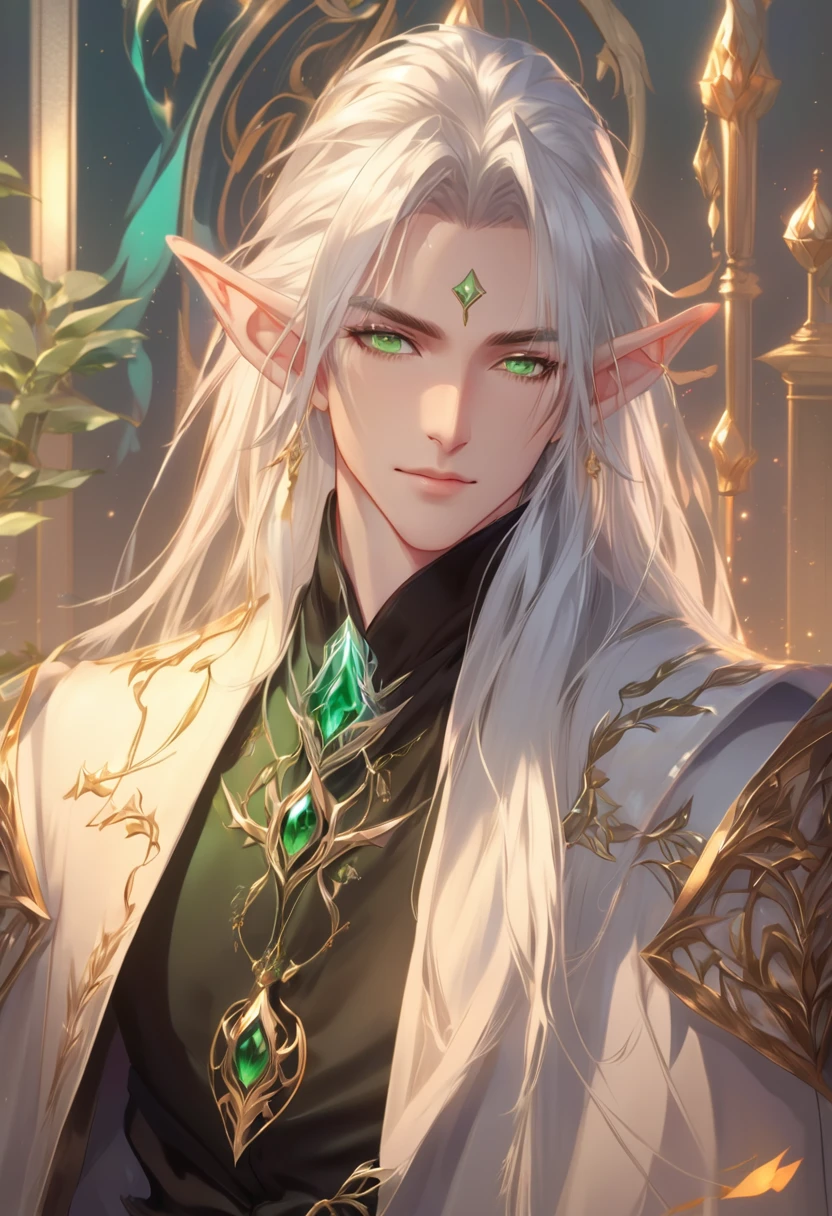 anime - style image of Male Elf with white hair and green eyes, a portrait of Male Elf, Beautiful male elf, Male Elf, Kashmir Art, elven character with smirk, Elf portrait, keqing from Genshin Impact impact, Beautiful androgynous prince, Genshin Impact, A delicate androgynous prince, Elden Ring&#39;s Elves