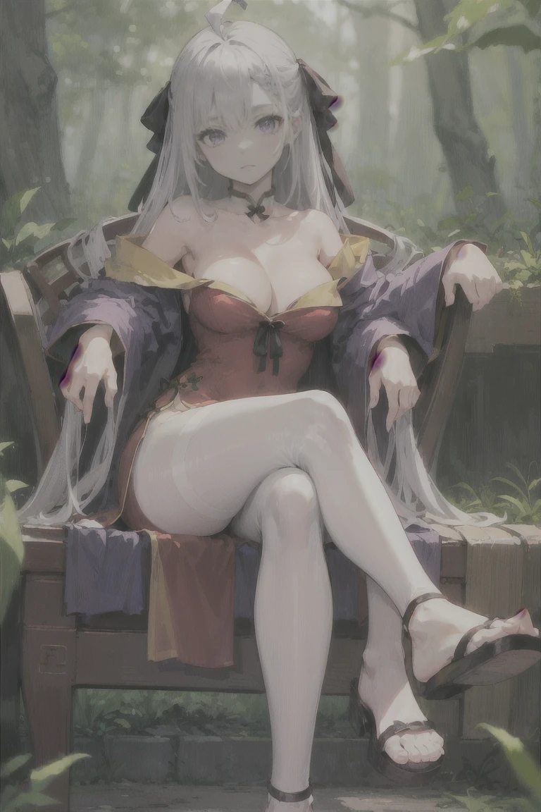 eufiliia_magenta, (1girl) ,euphyllia_magenta, long hair, solo, looking at viewer, ahoge, sliver hair, purple eyes, bare shoulders, chinese clothes, collarbone, (black pantyhose), china dress, cleavage, large breasts, depth of field, (red dress), sitting, crossed legs, sandals, forest background